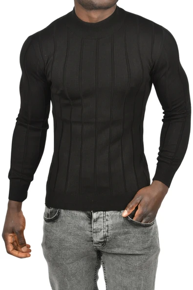 DeepSEA Slim Fit Likralı Tüylenme Yapmayan Yarım Balıkçı Çizgili Triko Yarım Boğazlı Kazak 2505503 ürün görseli 1