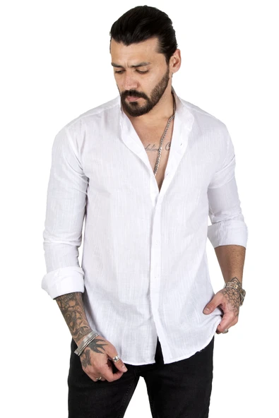 DeepSEA Slim Fit Dar Kesim Keten Gömlek Hakim Yaka Pamuklu Keten Spor Gömlek 2201895 ürün görseli 1