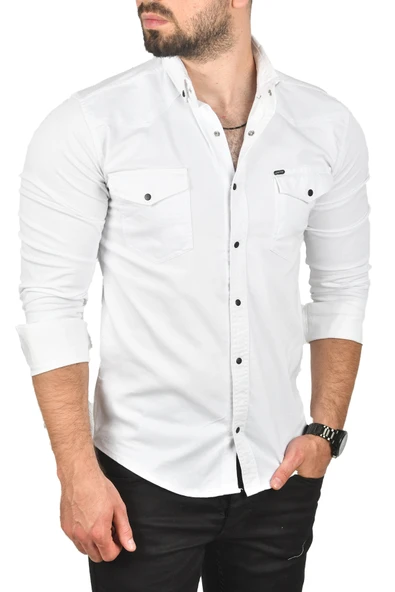 DeepSEA Slim Fit Pamuklu Cepli Kot Gömlek Çıtçıtlı Uzun Kollu Spor Gömlek 2502503 ürün görseli 1