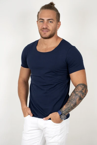 DeepSEA Geniş Yaka Likralı Tişört Oval Yaka Slim Fit Eteği Oval Açık Yaka T-shirt 1801199 ürün görseli 1