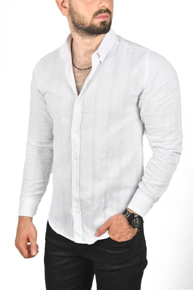 DeepSEA Slim Fit %100 Pamuk Keten Gömlek Dar Kesim Dokulu Keten Gömlek 2501301 ürün görseli 1