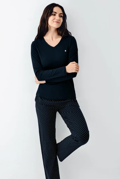 Pierre Cardin Premium Kadın Modal Pamuklu Puantiyeli V Yaka Uzun Kollu Pijama Takımı ürün görseli 1