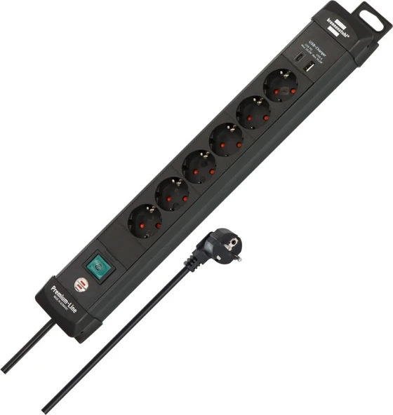 Brennenstuhl Premium-Line Serisi 6 Soketli USB-C 30W ve USB 18W Şarj Destekli 5 Yıl Garantili 3 Metre Uzatma Kablolu Priz ürün görseli 1