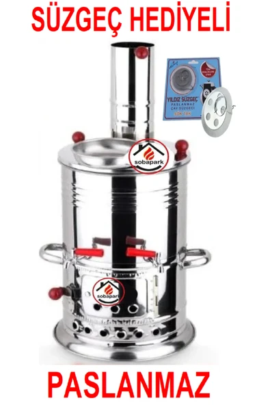 sobapark Çift Musluklu Odunlu Kömürlü Çay Semaveri Odunlu Kömürlü Paslanmaz Semaver 5 Litre ürün görseli 1
