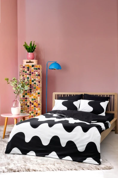 Cozy Home Mono Çift Kişilik Lastikli Çarşaflı Nevresim Takımı Flow Siyah ürün görseli 1