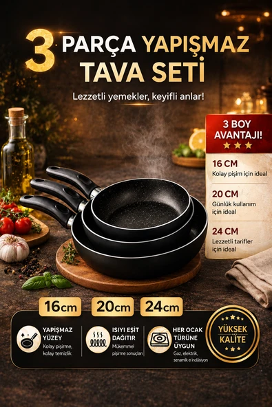 GURKAN Teflon Tava Seti 18+22+26 Cm Siyah Renk Teflon Tava Seti Yanmaz Yapışmaz 3'lü Tava Seti KAHVALTILIK ürün görseli 1