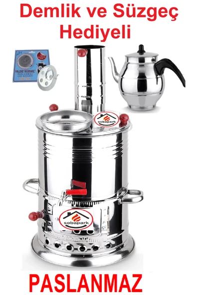 sobapark Tek Musluklu Odunlu Kömürlü Çay Semaveri Odunlu Kömürlü Semaver - 5 Litre - Demlik 1 Litre ürün görseli 1