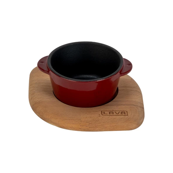 Lava Döküm Yuvarlak Sufle / Sos Kabı ve Ahşap Altlığı. Çap(Ø)8cm.-Bordo ürün görseli 1