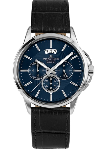 Jacques Lemans Sydney JL.1-1542G Quatz Deri Siyah Mavi Kadran 10 ATM 42 mm Erkek Kol Saati ürün görseli 1