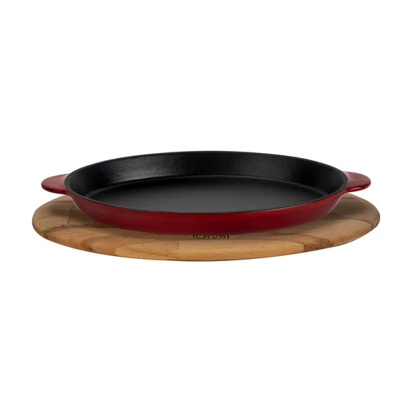 Lava Döküm Oval Fajita Tabağı Döküm Demir Yekpare Çift Kulplu Kayın Servis Ahşabı Ölçü 18x24cm.-Bordo ürün görseli 1
