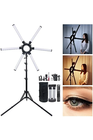 Katlanabilir 6 Kollu LED Stüdyo Işık  120 W Yüksek Parlaklık, 3200K 5600K Renk Ayarı, Tripod ve Taşıma Çantası 2.10 CM Tripod Ayak Canlı Yayın Işığı ürün görseli 1