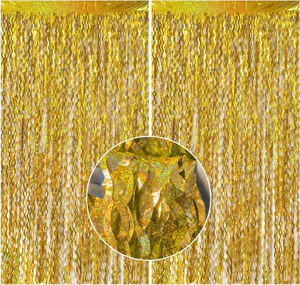 Metalize Dalgalı Hologramlı Gold Arka Fon Süs 100x200 cm ürün görseli 1