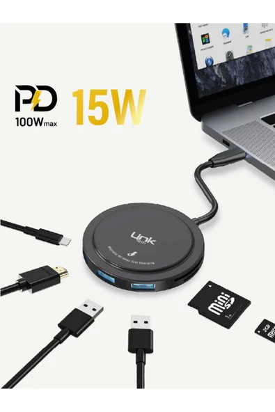 A200 Premium 7'sı 1 arada Kablosuz Şarj Pedi, USB-C HUB ve Kart Okuyucu ürün görseli 1