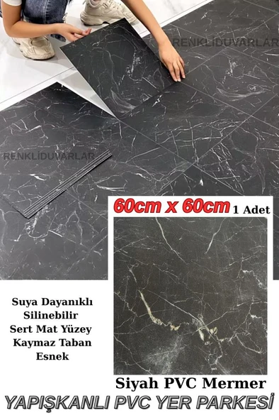 60cmx60cm Siyah Mermer Desenli Pvc-Lvt Yapışkanlı Yer Kaplama Paneli Kauçuklu Floor Banyo WC S74P ürün görseli 1