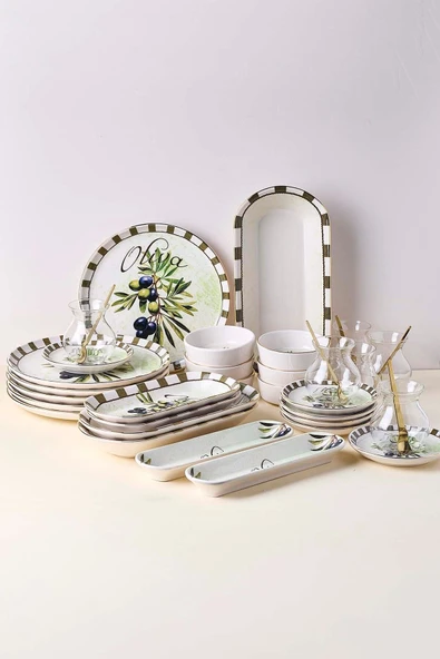 Perotti Olives 37 Parça Yaldızlı Kahvaltılık Seti Çay Seti 6 Kişilik Stackable Kahvaltı Takımı Çay Takımı ürün görseli 1
