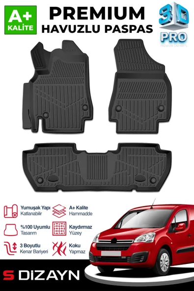 S-Dizayn Citroen Berlingo 3D Pro Havuzlu Paspas 2008-2018 A+ Kalite ürün görseli 1