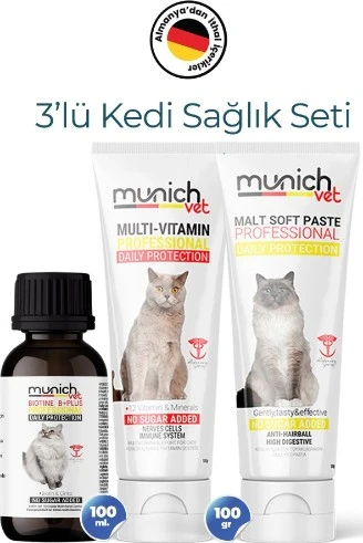 Munich Vet 3’lü Kedi Seti Tüy Sağlığı DAmlASI(50ml) Malt PASTA(100gr) Multi Vitamin PASTA(100gr) ürün görseli 1