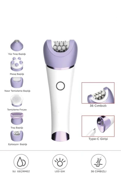 TEP-02 Beyaz 6 Başlıklı (Yüz+Koltuk Altı+Bikini Bölgesi+Bacak) Islak Ve Kuru Kablosuz Epilatö ürün görseli 1