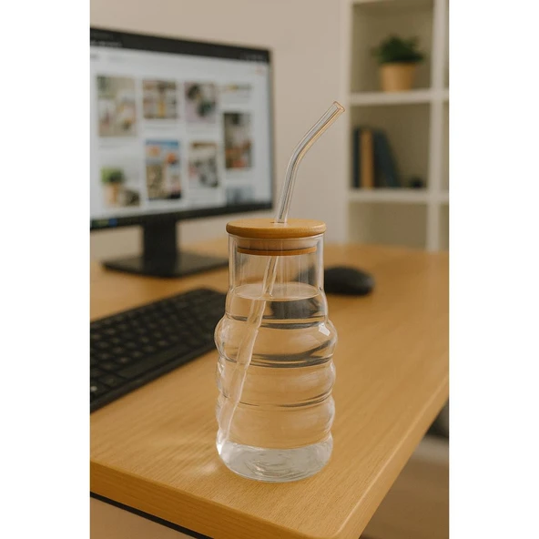 Bambu Kapaklı Motivasyon Cam Bardak / Suluk, 900 ml, Pipet Hediyeli ürün görseli 1