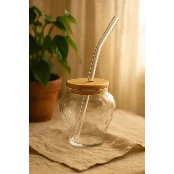 Çilek Model Borosilikat Cam Bardak, Bambu Kapaklı, 400 ml, Pipet Hediyeli ürün görseli 1
