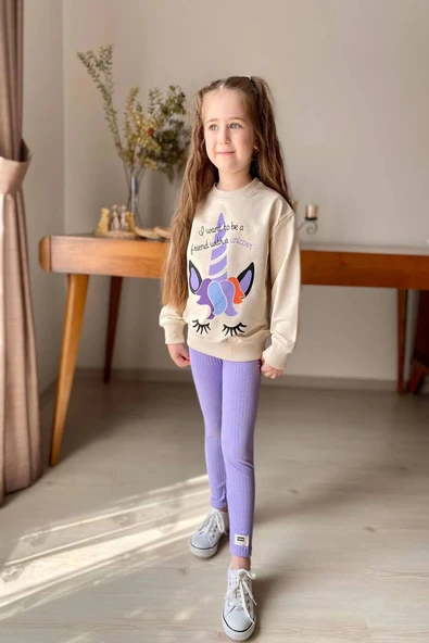 Unicorn Desenli Kız Çocuk Lila Renk Taytlı Takım ürün görseli 1