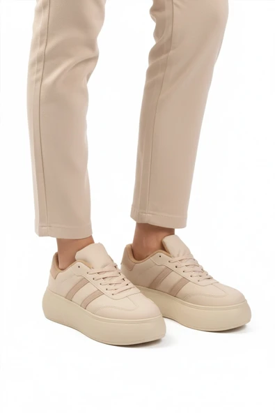 Bej Yüksek Taban Bağcıklı Kadın Sneaker ürün görseli 1