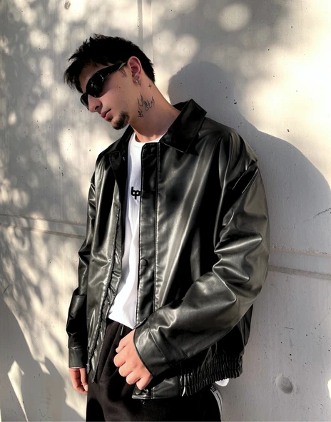 Erkek Oversize Vintage Deri Ceket ürün görseli 1