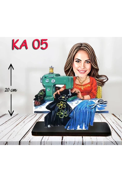 Kişiye Özel Ahşap Biblo - Dikiş Makineli Kadın Karikatür Biblo ürün görseli 1
