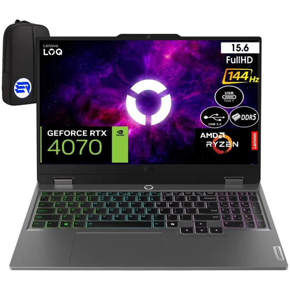 Lenovo Loq Ryzen 7 7435HS 32GB Ram 512GB SSD RTX4070 WIN11 Pro 15.6" 144Hz Fhd 83JC00F6TREP4 + Elektropasaj Çanta ürün görseli 1