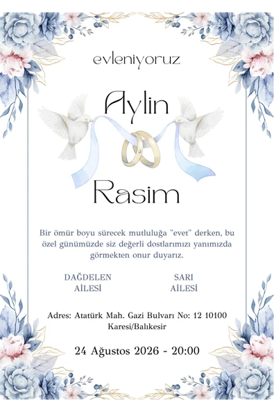 Kişiye Özel Davetiye - Düğün Davetiye - Nişan Davetiye - Nikah Davetiye ( Zarflı ) ( 50 Adet ) MDL 8 ürün görseli 1