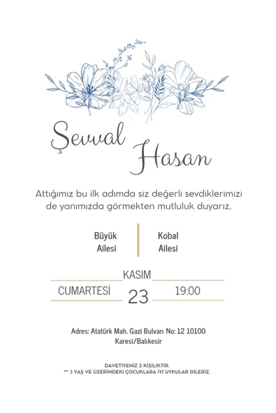 Kişiye Özel Davetiye - Düğün Davetiye - Nişan Davetiye - Nikah Davetiye ( Zarflı ) ( 50 Adet ) MDL 7 ürün görseli 1