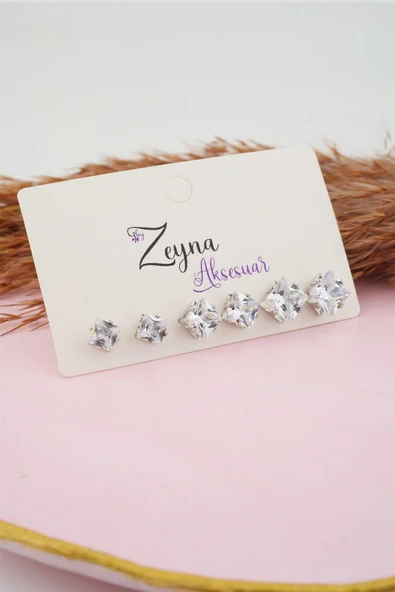Kadın 3 Boy 6'lı Kare Zirkon Taşlı Küpe Set TKR001 ürün görseli 1