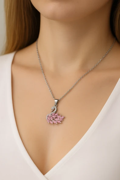 Kadın Kararmaz Çelik Gümüş Kuğu Tasarım Pembe Taşlı Özel Tasarım Kolye – Hediyelik ürün görseli 1