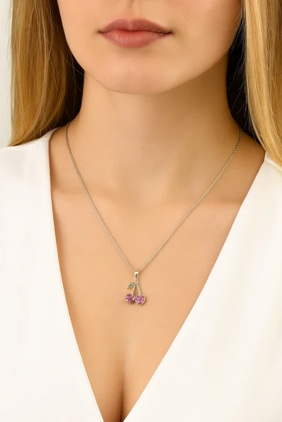 Kadın Kiraz Figürlü Zirkon Taşlı Kolye – Pembe Taşlı & Minimal Tasarım ürün görseli 1