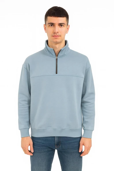 Unisex Relax Fit Rahat Kesim Pamuklu Yarım Fermuarlı Dik Yaka Sweatshirt - 7385 ürün görseli 1