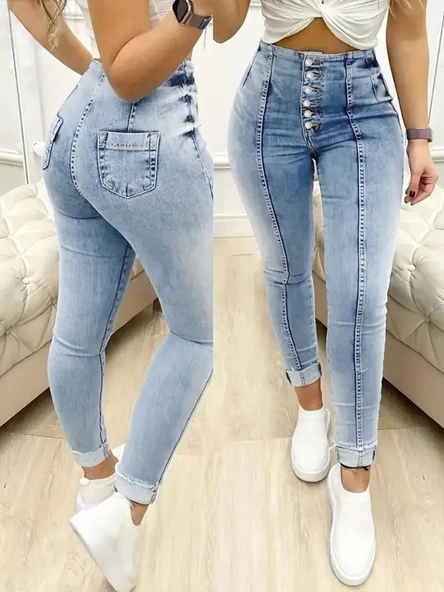 Kadın Yüksek Bel önden Düğmeli Jean Pantolon ürün görseli 1