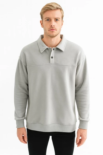 Erkek Oversize Uzun Kol Polo Yaka Sweatshırt-7099 ürün görseli 1
