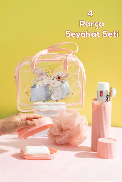 Porsima 3143 Tavşan Figürlü Seyahat Seti - Diş Fırçası Kutusu Banyo Lifi Sabun Kutusu Seyahat Çantası Pembe ürün görseli 1