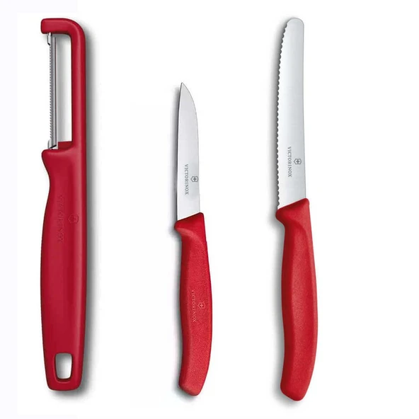 Victorinox Kırmızı Domates Soyacağı - 11 CM Tırtıklı Domates Sebze Bıçağı - 8 CM Düz Bıçak 3lü Set ürün görseli 1