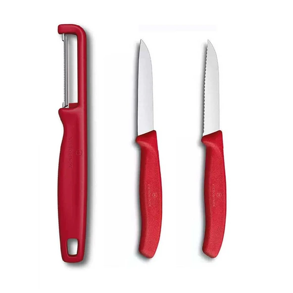 Victorinox 8 CM Kırmızı Tırtıklı ve Düz Bıçak ve Domates Sebze Soyucu 3Lü Set ürün görseli 1