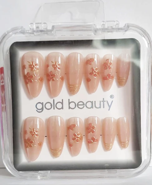 Gold Beauty Kedi Gözü Takma Tırnak 12 li EP-1527 - 20 Ten Çiçek Desenli ürün görseli 1