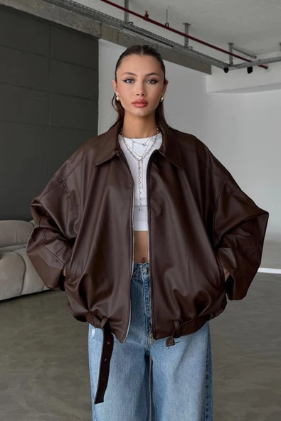 Kadın Oversize Deri Ceket– Oversize Relax Fit, Fermuarlı Kemer Detaylı Günlük Kadın Ceket ürün görseli 1