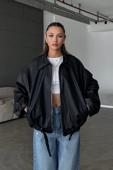 Kadın Oversize Deri Ceket– Oversize Relax Fit, Fermuarlı Kemer Detaylı Günlük Kadın Ceket ürün görseli 1