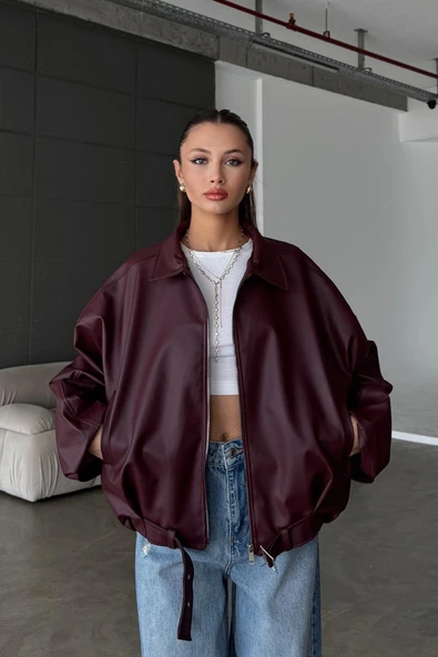 Kadın Oversize Deri Ceket– Oversize Relax Fit, Fermuarlı Kemer Detaylı Günlük Kadın Ceket ürün görseli 1