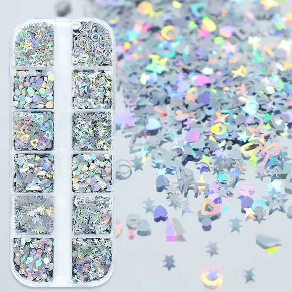 Holografik Gümüş Tırnak Süsleme Folyo Pulları Karışık Dizayn Kelebek Kalp Harfler Yıldızlar Nail Art ürün görseli 1