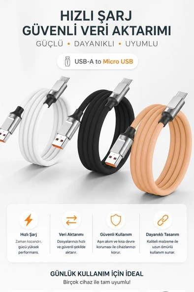 Şarj Kablosu Micro Silikon 3.0A Data Kablo U15 Beyaz - Resim 4