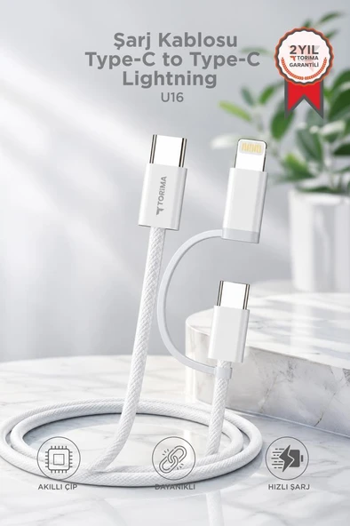 Şarj Kablosu Type-C to Type-C Lightning Hızlı 65W 2IN1 Data Kablo U16 Beyaz ürün görseli 1