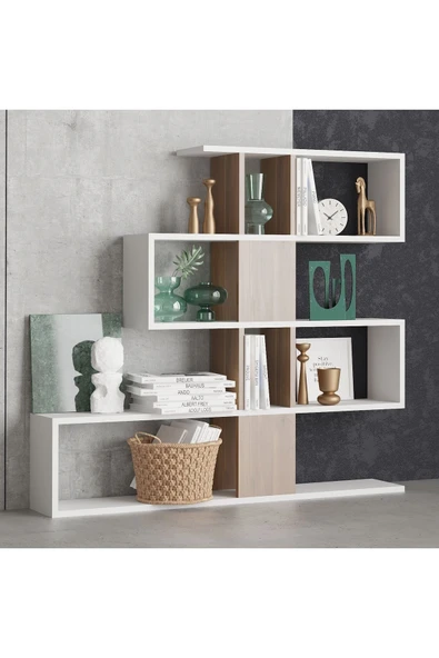 Decormet Karlin Kitaplık Beyaz/Ceviz - Resim 5