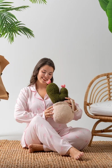 Uzun Kol Gömlek Yaka Kadın Pinterest Pijama Takımı - Mevsimlik Kadın Pijama- Büyük Beden ürün görseli 1