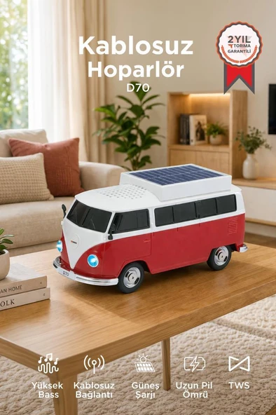 Bluetooth Hoparlör Retro Araba Vosvos Tasarımlı Solar Şarjlı Speaker D70 Kırmızı ürün görseli 1